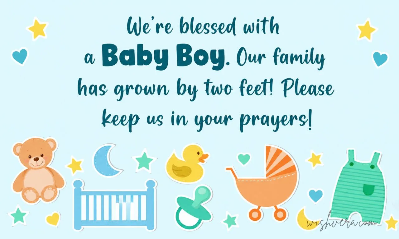 Pastel blue baby-boy announcement card with nursery icons and the message celebrating a new baby boy.