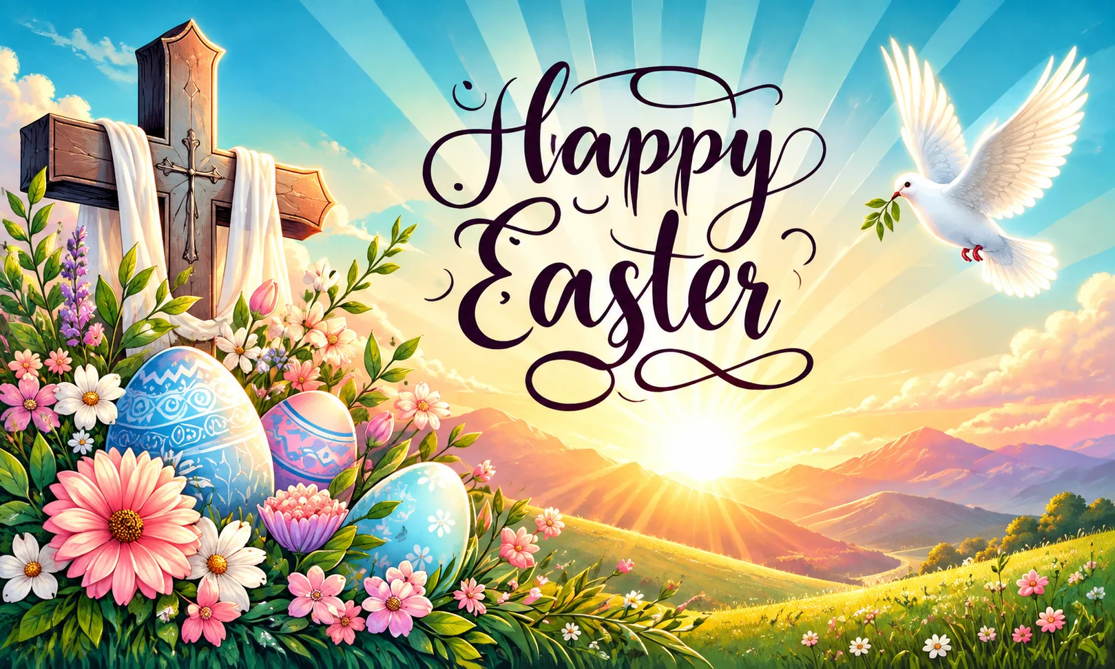 Happy Easter illustration with a cross, colorful flowers, decorated eggs, sunrise, mountains, and a white dove.