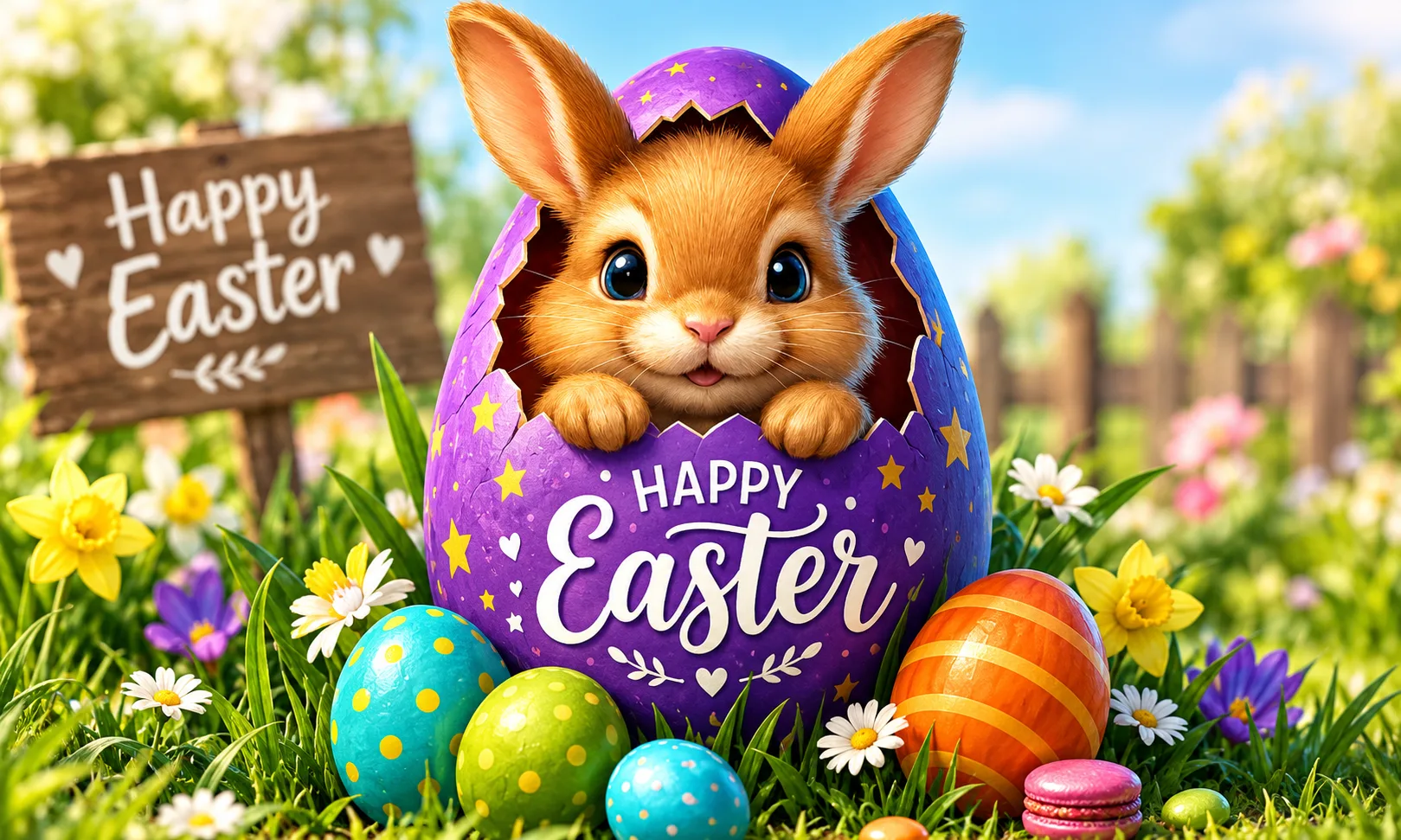 Cute orange bunny peeking from a cracked purple Easter egg decorated with stars, surrounded by colorful Easter eggs and flowers in a sunny garden. The egg reads “Happy Easter.”