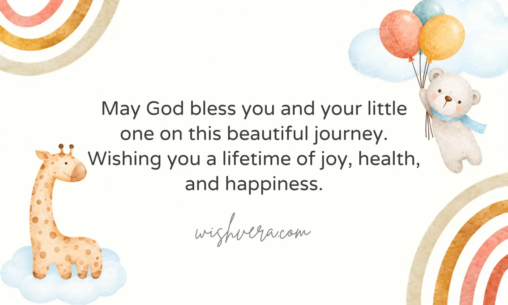 Pastel watercolor baby blessing card with a giraffe, teddy bear holding balloons, clouds, and rainbow accents, featuring a message wishing joy, health, and happiness for a new baby.