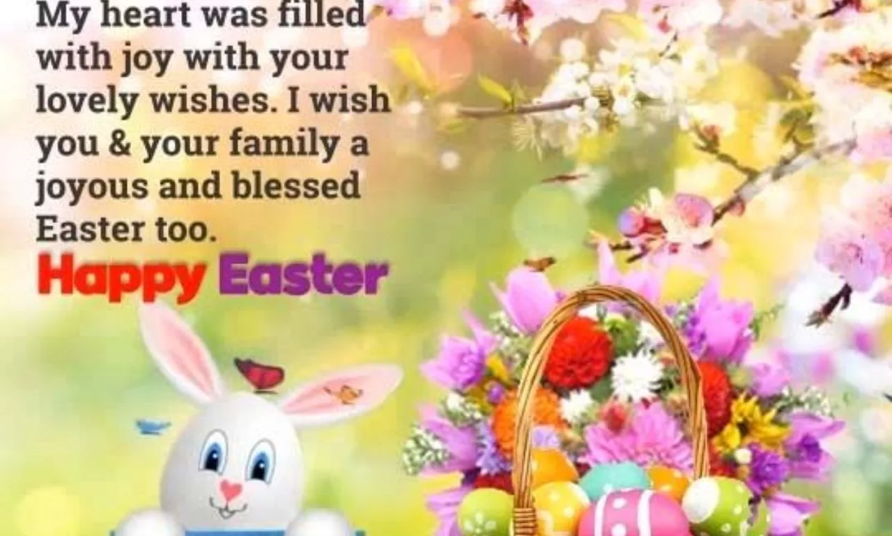 Easter greeting with a cute bunny, colorful eggs, a flower-filled basket, and cherry blossoms.