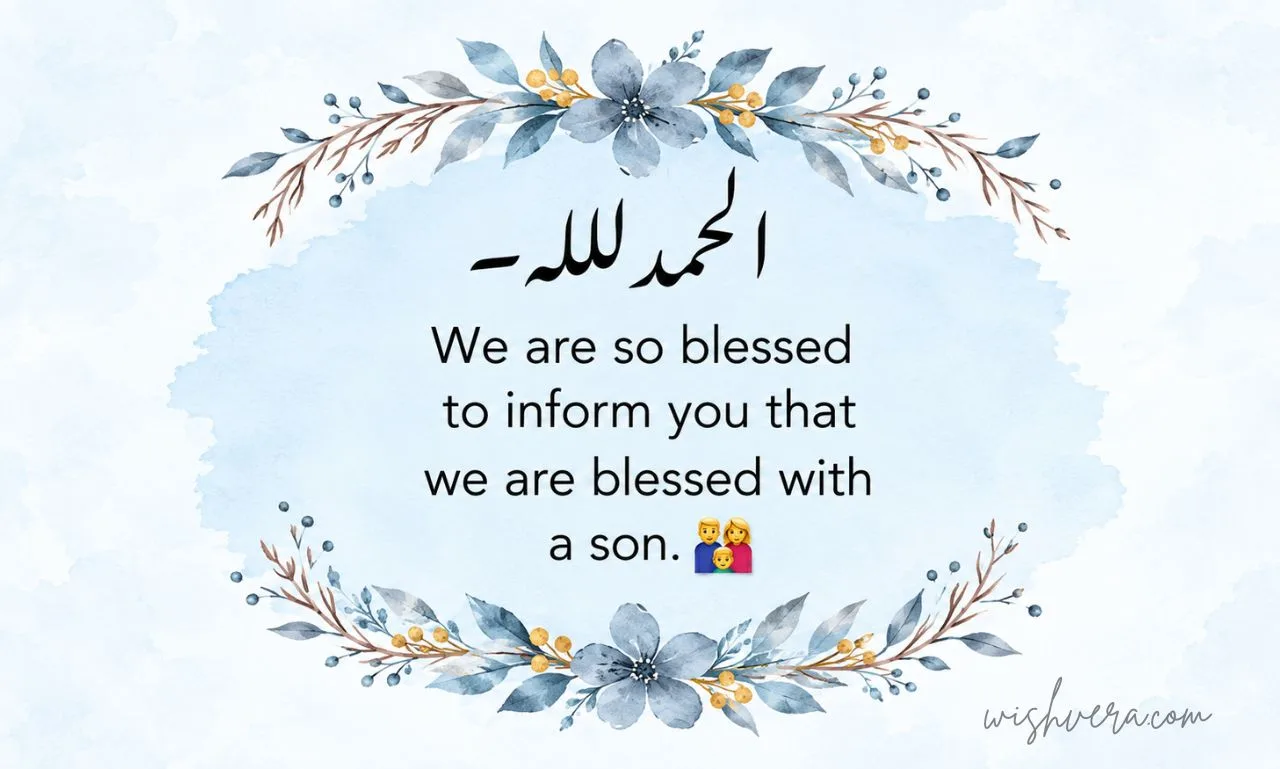 Watercolor baby-boy announcement card with blue floral wreaths, gold accents, Arabic calligraphy, and a message announcing the arrival of a son.