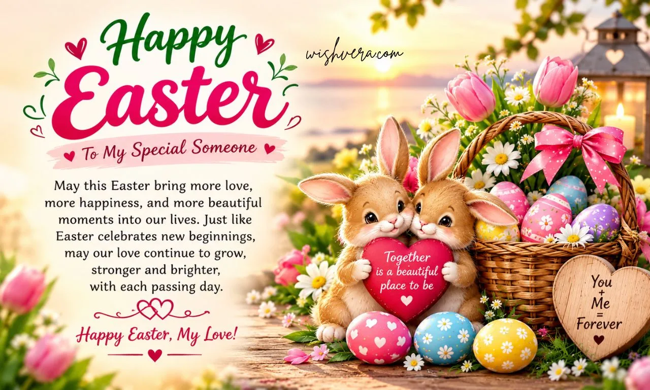Happy Easter greeting card with colorful decorated eggs in a wicker basket, cute Easter bunnies, flowers, greenery, and a heartfelt message wishing prosperity, success, and joyful moments with friends and family.