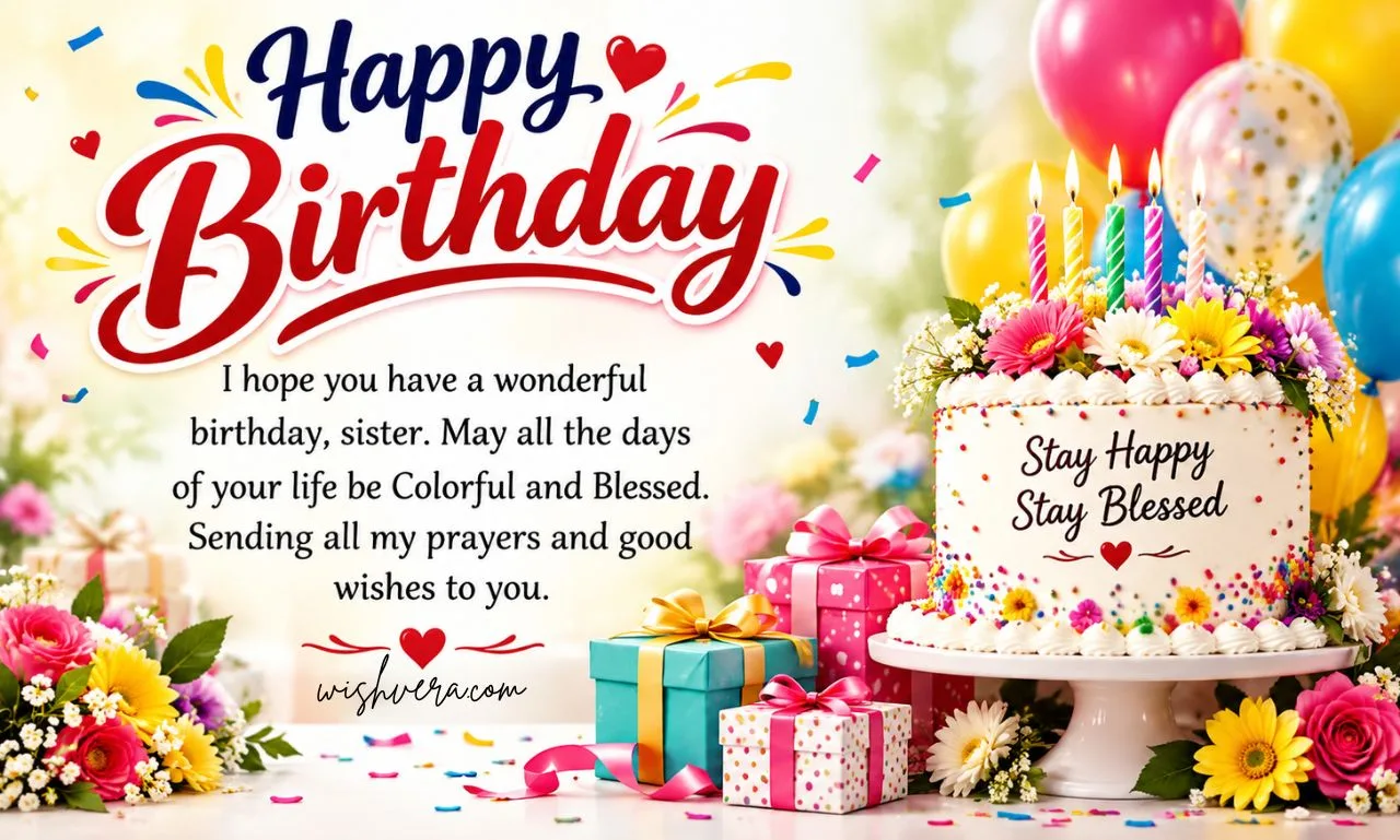 Sister celebrating her birthday with heartfelt blessings, prayers, love, and happiness.