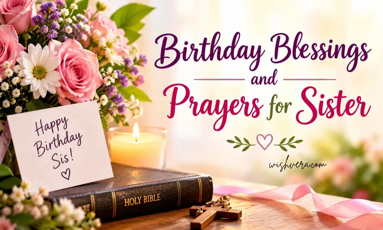 Sister celebrating her birthday with heartfelt blessings, prayers, flowers, a Holy Bible, and a glowing candle.