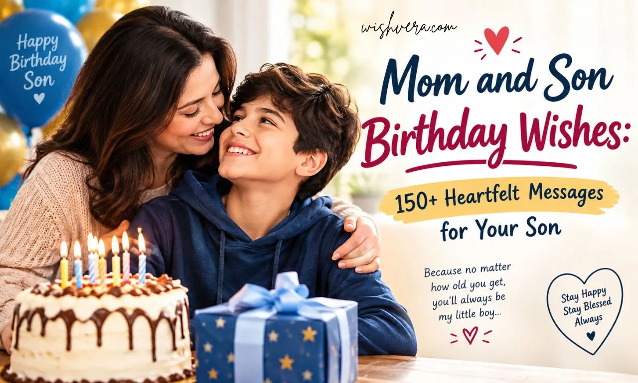 Mom and son celebrating a birthday together with cake, balloons, gifts, and heartfelt birthday wishes.