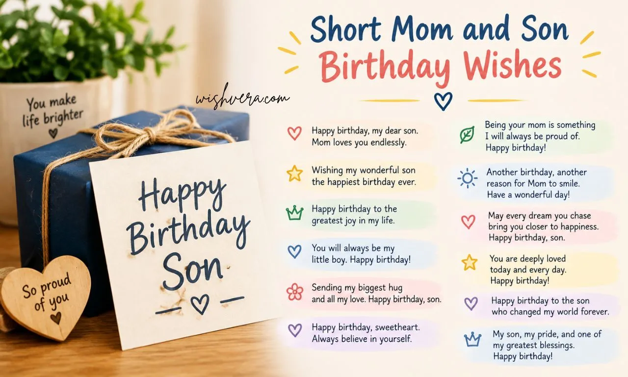 Short mom and son birthday wishes displayed on a pastel birthday greeting card with a wrapped gift, heart decoration, and heartfelt messages.