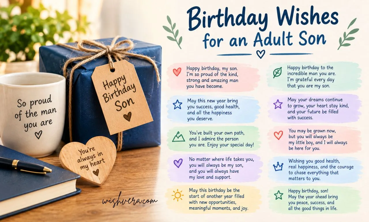 Short mom and son birthday wishes displayed on a pastel birthday greeting card with a wrapped gift, heart decoration, and heartfelt messages.
