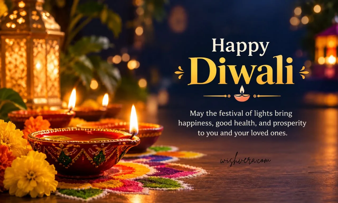 Diwali wishes in English featuring glowing diyas, colorful rangoli, marigold flowers, and a “Happy Diwali” greeting.