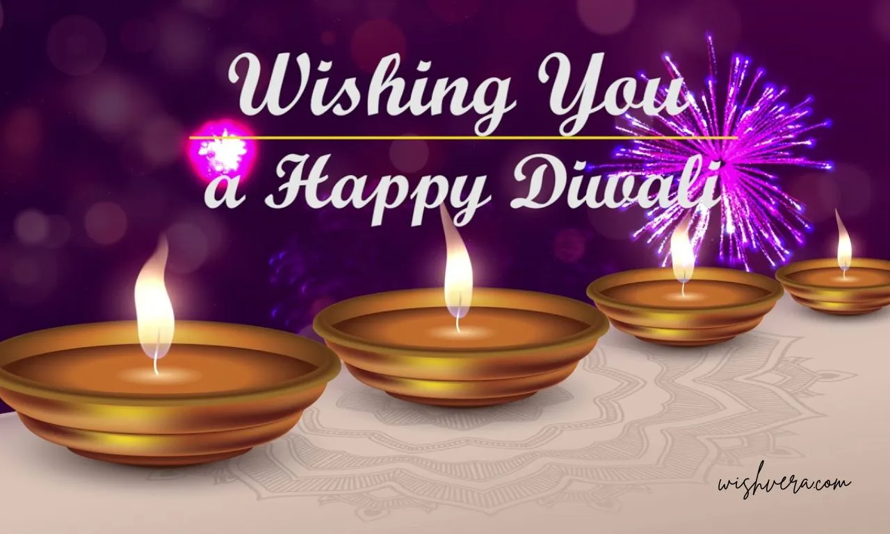 Diwali greeting image featuring glowing diyas, fireworks, and the text “Wishing You a Happy Diwali.”