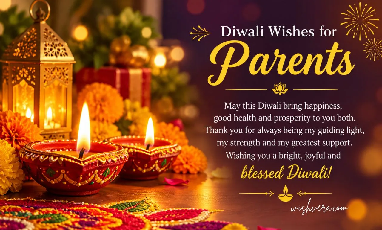 Diwali wishes for parents featuring glowing diyas, marigold flowers, a decorative lantern, colorful rangoli, and a heartfelt greeting.