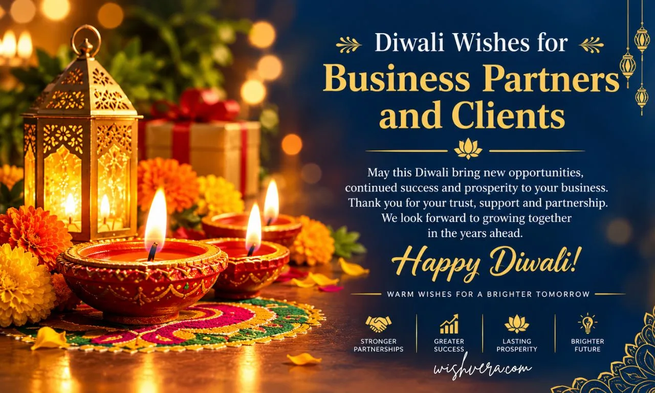 Diwali wishes for business partners and clients featuring glowing diyas, marigold flowers, a decorative lantern, colorful rangoli, and a message of success, prosperity, and stronger partnerships.