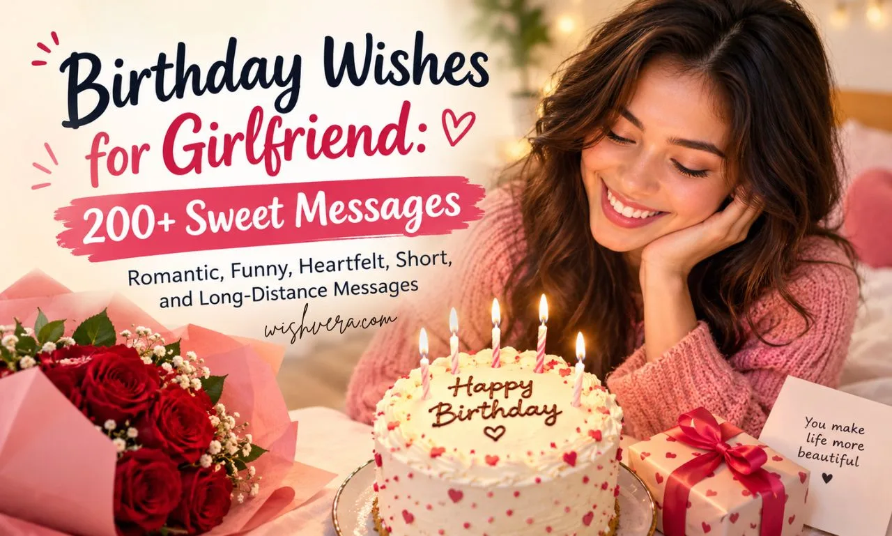 Romantic birthday scene with a girlfriend, birthday cake, red roses, gift, and “Birthday Wishes for Girlfriend: 200+ Sweet Messages