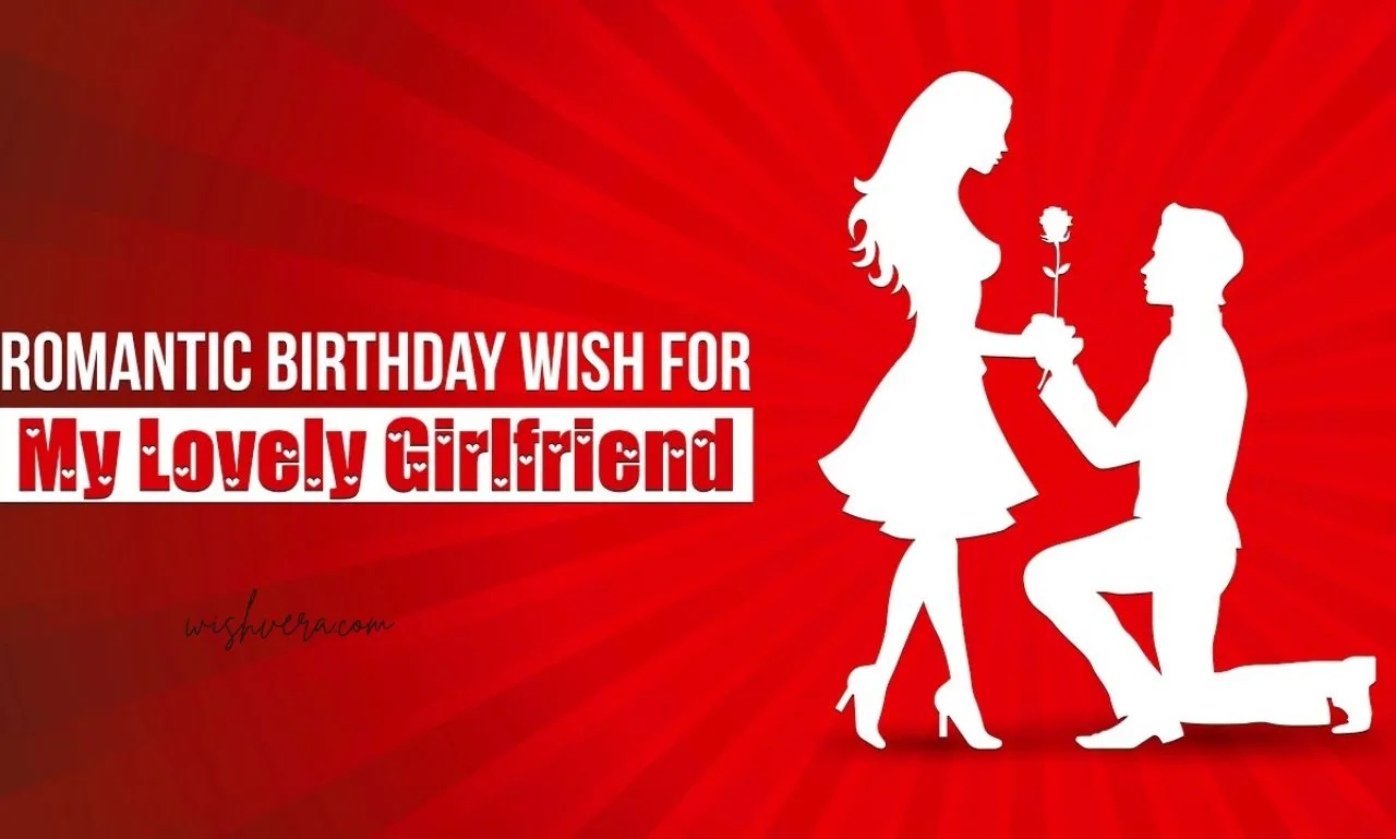 Romantic birthday scene with a girlfriend, birthday cake, red roses, gift, and “Birthday Wishes for Girlfriend: 200+ Sweet Messages