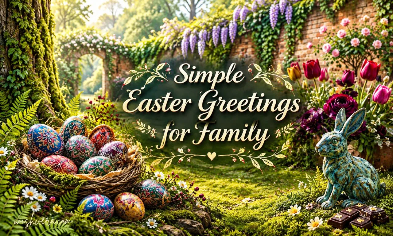 Beautiful Easter card with colorful spring flowers, decorated Easter eggs, candy, and a bunny, featuring the message “Beautiful Easter Images and Wishes for Loved Ones.”