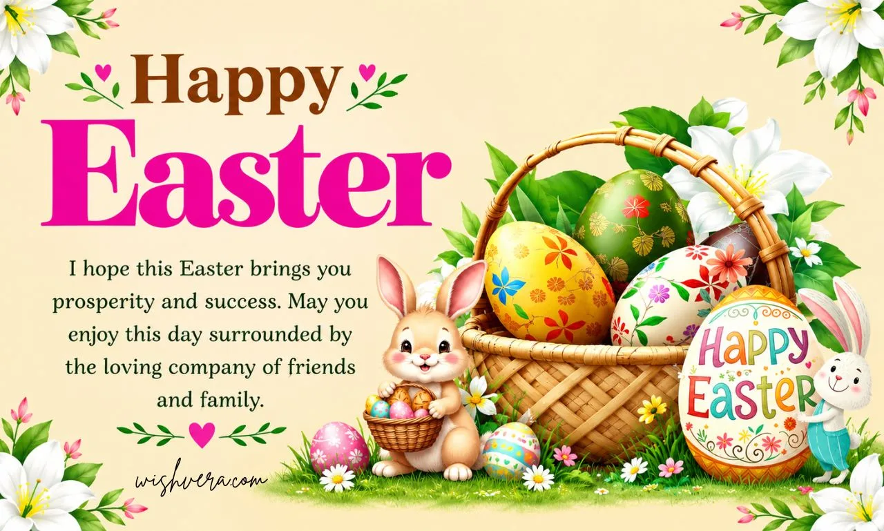 Happy Easter greeting card with colorful decorated eggs in a wicker basket, cute Easter bunnies, flowers, greenery, and a heartfelt message wishing prosperity, success, and joyful moments with friends and family.