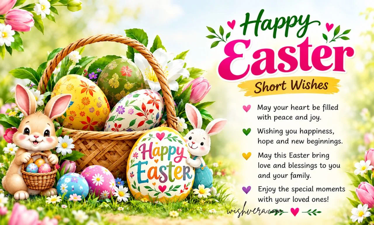 Happy Easter greeting card with colorful decorated eggs in a wicker basket, cute Easter bunnies, flowers, greenery, and a heartfelt message wishing prosperity, success, and joyful moments with friends and family.