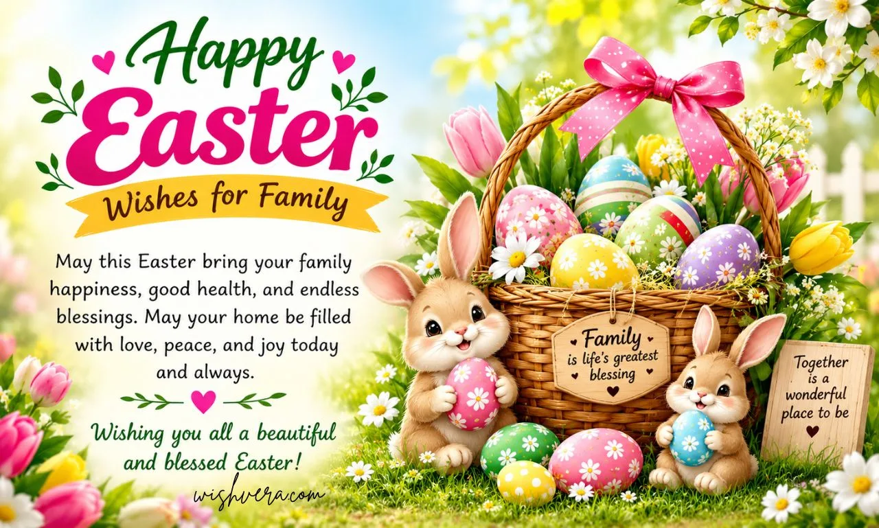 Happy Easter greeting card with colorful decorated eggs in a wicker basket, cute Easter bunnies, flowers, greenery, and a heartfelt message wishing prosperity, success, and joyful moments with friends and family.