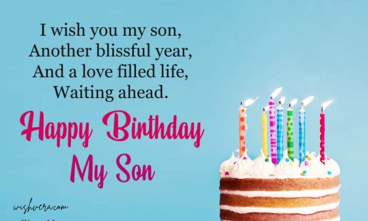 Happy birthday my son greeting card with birthday cake and candles.